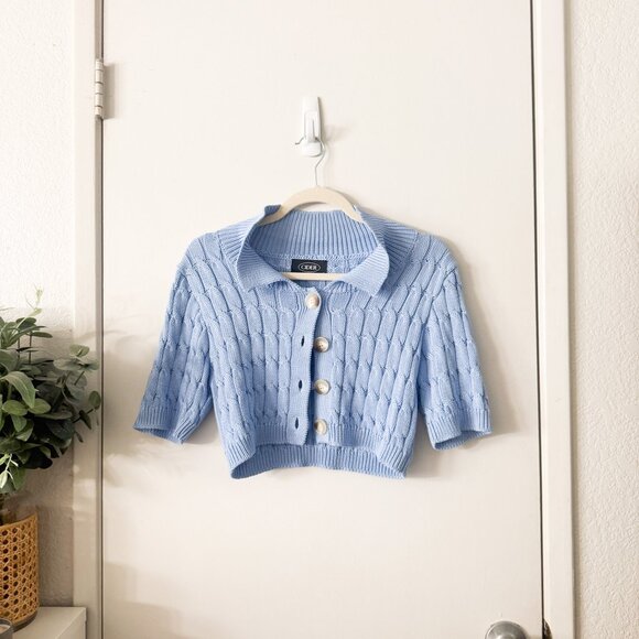 ☀️ CIDER Next In Sky Cardigan Crop Sweater Button Up Blue Large Knit Top Boho - Picture 1 of 5